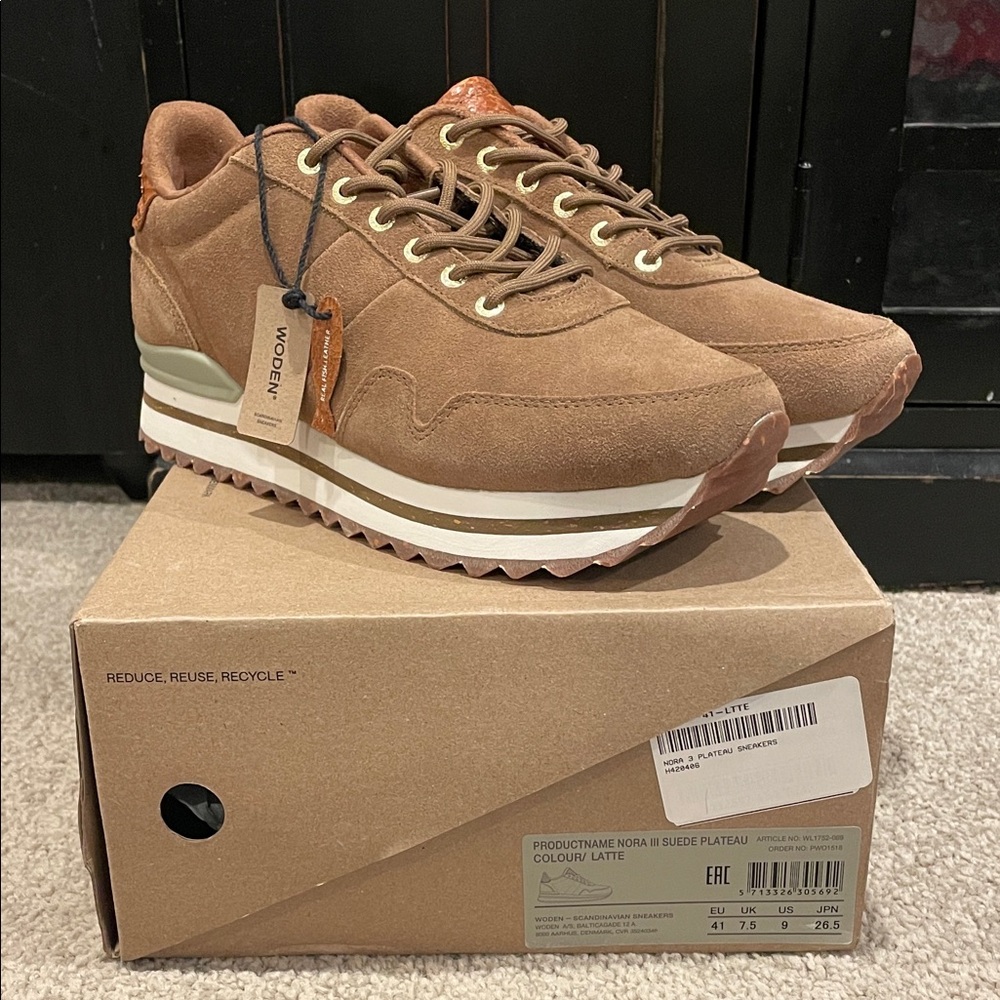 Woden Nora III Suede Latte platform tennis shoe size 9